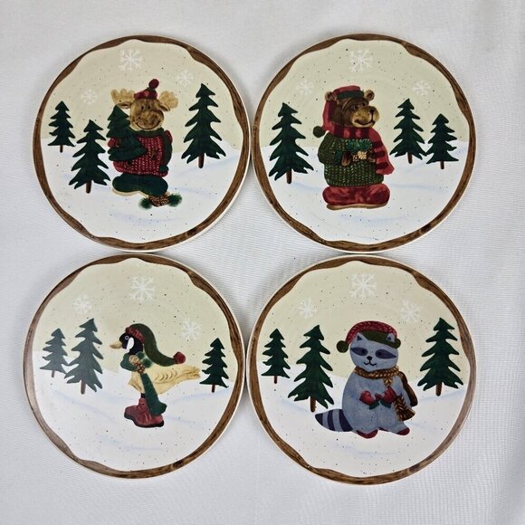 Set of 4 Winter Critter Stoneware Beverage Coasters Cork Backing Round Glazed - Picture 1 of 8
